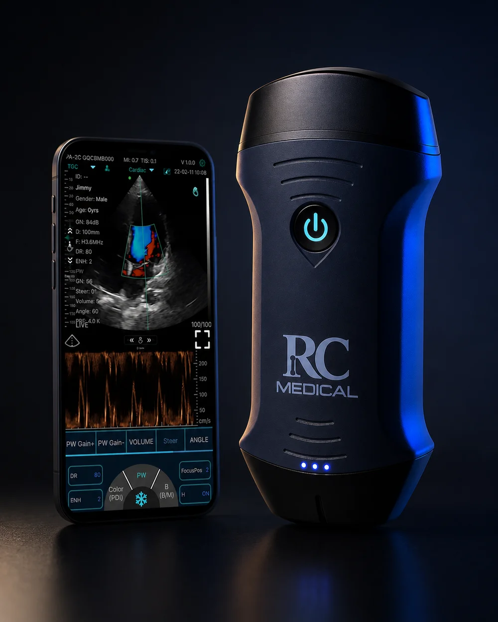 RC Lite ao lado do app com janela cardíaca e Doppler colorido